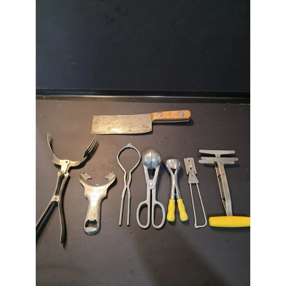 Vintage Kitchen Tools Lot 8 Pc Meat Cleaver Foley Chopper Androck Jar Opener